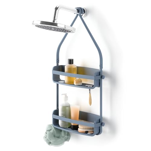 Umbra Flex Shower Caddy, Hanging 2 Shelves Bathroom Organizer, Slate Blue - Flexible silicone bands, drainage system, mold resistant, bottle collars, overhead mount