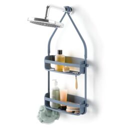 Umbra Flex Shower Caddy, Hanging 2 Shelves Bathroom Organizer, Slate Blue - Flexible silicone bands, drainage system, mold resistant, bottle collars, overhead mount