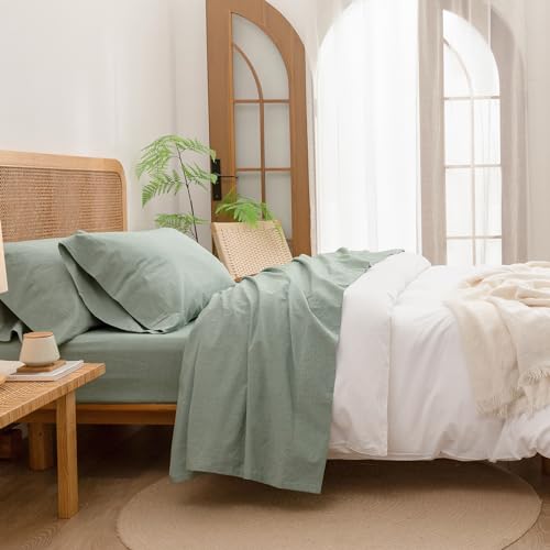 BESTOUCH King Washed Cotton Linen Feel Sheet Set 4 Pcs Solid Green - 4 Piece Sheets, Deep Pockets with All???Around Elastic, Linen-Like Texture, Extra Soft & Breathable, No???Iron