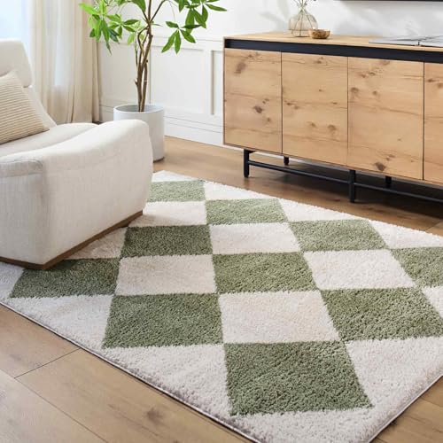 Livabliss Monduli Shaggy Rug - Modern Berber Rugs Living Room, Large 160x213 cm, Soft Shaggy Rugs for Bedroom - Neutral Boho Fluffy Rug, Easy Care Plush Thick Pile - Light Beige, Grass Green