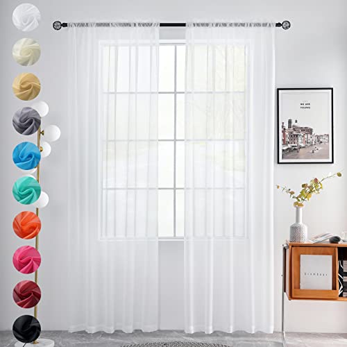 youleyar Solid Sheer Rod Pocket Curtain Voile Draperies 2 Panels White Beige Black Grey Coffee 52 Inch Width 108 Inch Long 1 Pair for Kitchen Bedroom Children Living Room Yard(White,52W???108L)
