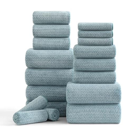 18 Piece Bath Towels Set,100% Microfiber Family Bathroom Towel with Hanging Loops-6 Bath Towels,6 Hand Towels,6 Washcloths,Quick Dry Highly Absorbent Shower Towel for Bathroom,Hotel,Spa-Turquoise