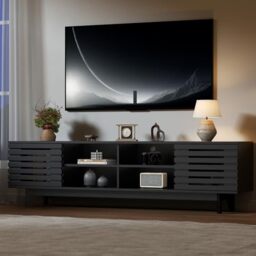 Feonase TV Stand for 70 Inch TV, 165cm TV Cabinet with Storage, TV Unit with 6 Open Shelves, TV Console Table with 2 Sliding Doors, Media Entertainment Center For Living Room Bedroom (Black)