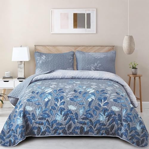 "WONGS BEDDING Blue Quilt Set Queen Size,3 Pieces Navy Blue Floral Bedspread Coverlet Set,Soft Microfiber Lightweight Floral Bedding Set Queen 96""x90"""