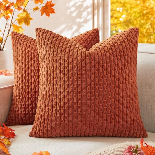 Kevin Textile 2 Packs Fall Boho Decorative Throw Pillow Covers 18x18 Inch for Living Room Couch Bed Sofa Rustic Modern Farmhouse Home Decor Soft Corduroy Square Cushion Case, Rust