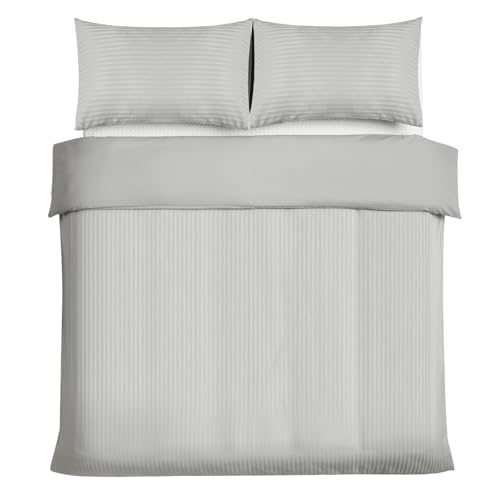 Good Nite Single Duvet Cover Sets Satin Stripe Brushed Microfiber Bedding Set 3 PCS with Pillowcases Ultra Soft with Corner Straps(Light Gray, Single)