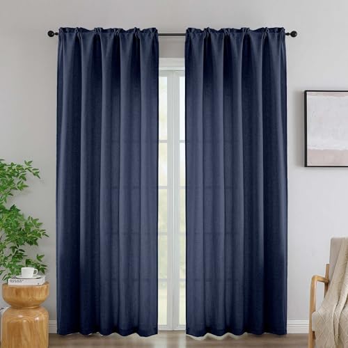 "Simplebrand Navy Blue Linen 90 Inch Curtains 2 Panels, Faux Linen Textured Semi Light Filtering Farmhouse Curtains & Drapes, Soft Airy Slub Window Curtains for Living Room Bedroom, Each 52"" Wx90 L"