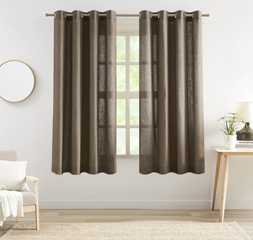 "Central Park Caf?? Brown Light Filtering Curtain with Grommet Top, 58""x72""x2 - Flax Linen Blend, Solid Semi Sheer, 72 Inch Long, Window Treatment Drape, Farmhouse Rustic, for Living Room Bedroom, 2 Panels"