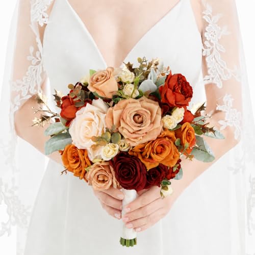 Rinlong Rustic Burnt Orange Wedding Bouquet for Bride Bridal Bridesmaid Bridal Bouquet Proposal Prom Artificial Flowers Bouquet Wedding