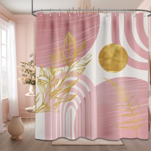 "QGHOT Blush Pink and Gold Shower Curtain Boho Mid Century Light Pink and White Shower Curtains for Bathroom Decor, Waterproof Cloth Fabric with Hooks, 70"" W x 78"" L"