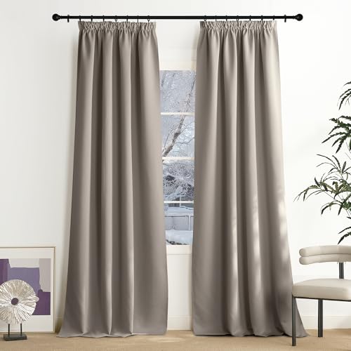 NICETOWN Thermal Curtain, Heat Protection, Living Room Curtains with Ruffle Tape, 2 Pieces, Blackout Curtains, Overcurtains for Rails, Thermal Curtains, 240 x 140 cm (H x W), Sand