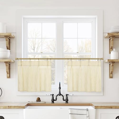 Yellow 18 Inch Length Striped Kitchen Pinch Pleat Small Curtains with Hooks for Bathroom Windows