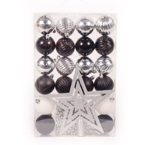 WeRChristmas 26-Piece Deluxe Variety Christmas Tree Baubles Decoration Pack with Topper and Beads, Black/Silver