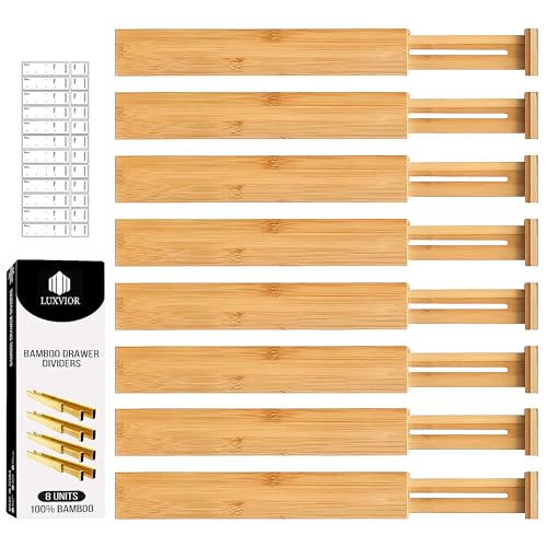 "LUXVIOR 8 Units Expandable Bamboo Drawer Dividers (Size 17??""L- 22"" inches),Adjustable Drawer Organizer Storage Multipurpose Drawers for Clothes,Bathroom,Office,Kitchen Drawer Organizer,Natural"
