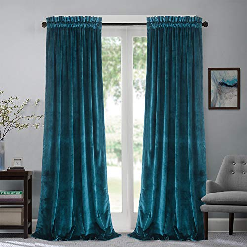 Roslynwood Velvet Curtain Panels Peacock Blue Block Light Window Super Soft Luxury Drapes for Bedroom Thermal Insulated Rod Pocket Curtain for Living Room/52Wx63L Peacock Blue, 2 Panels