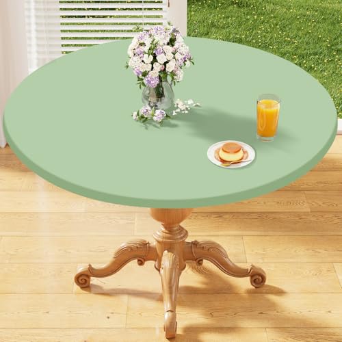"Homing Polyester Round Fitted Table Cover, Waterproof Elastic Outdoor Tablecloth Satin Resistant Washable Dining Table Protector for Holiday, Party, Green, Fits 36""-44"" Round Tables"