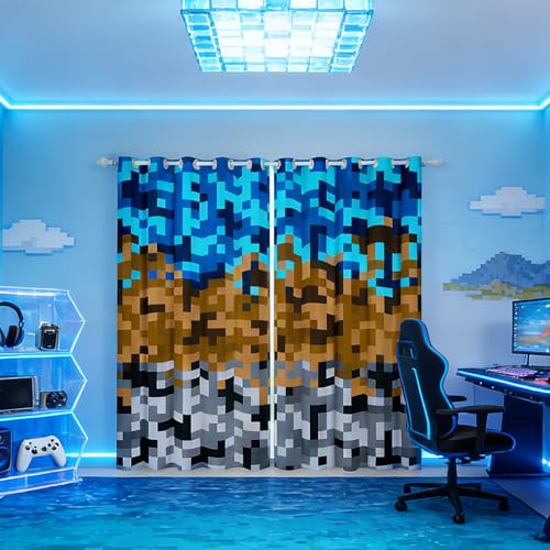 Pixelated Miners Gaming Window Curtain,Blue Brown Grey Grid Blackout Window Treatment,Kids Teens Woman Construct Video Games Bedroom Curtains Geometric Block Living Room Decor Top 2 Panels,42Wx84L