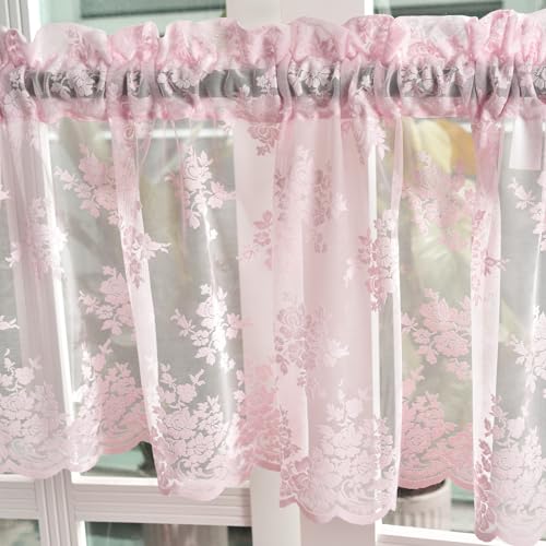 Kotile Pink Sheer Valance for Windows, Country Rustic Floral Short Lace Cafe Curtain 18 Inch Length, Light Filtering Rod Pocket Lace Valance Curtain, 52 x 18 Inch, 1 Panel, Pink