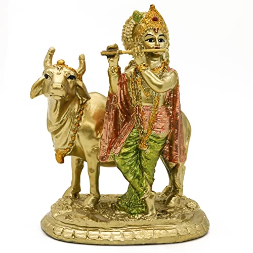 alikiki Hindu God Krishna Statue - 5.3 Inch Youth Krishna Idol and The Holy Cow Statue - Indian Buddha Statues Pooja Mandir for Home Yoga Room Decor