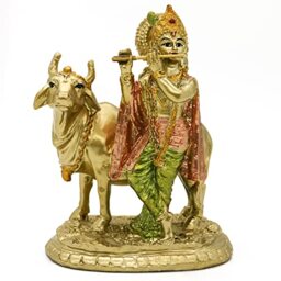 alikiki Hindu God Krishna Statue - 5.3 Inch Youth Krishna Idol and The Holy Cow Statue - Indian Buddha Statues Pooja Mandir for Home Yoga Room Decor