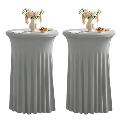 Dimatic 2 Pack Grey High Top Cocktail Tablecloth Stretch Cocktail Table Cloth with Skirt Fitted 32 inch Round Spandex Table Cloths for Party Wedding Banquet Birthday