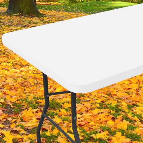 "Moosfor Picnic Spandex Table Cloth, Elastic Fitted Stretch Tablecloths for 6 Foot Rectangle Table, Washable Patio Table Cover for Dining, Camping, Banquet and Parties (White, 30""x72"")"