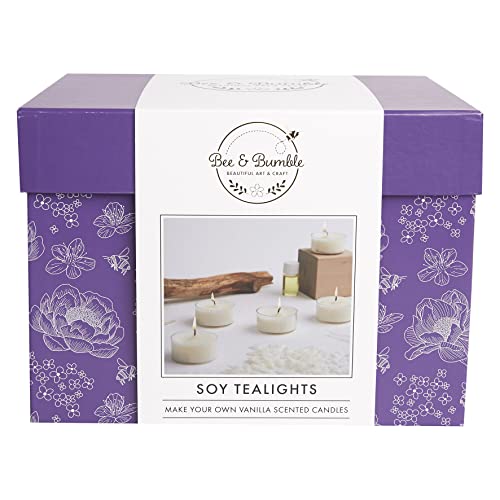 Bee & Bumble Make Your Own Soy Tealights, Makes 5 Candles, 100g Soy Wax, 5 Tealight Wicks, 4ml Vanilla Fragrance Oil, Craft Kit Set, DIY, Art And Crafts, Wax, Unique Gift