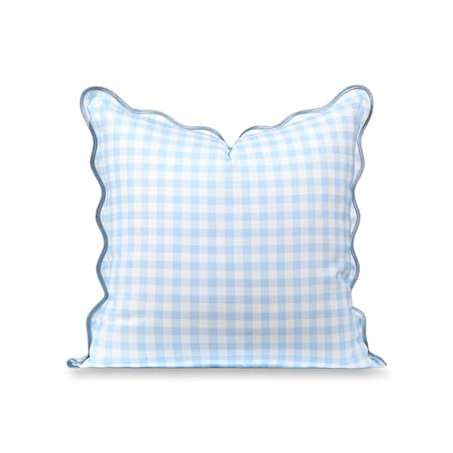 "Hofdeco Premium Coastal Hampton Scalloped Patio Indoor Outdoor Throw Pillow Cover Only, 20""x20"" Water Repellent for Backyard, Couch, Poolside, Baby Blue Print Gingham"