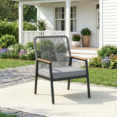 Clevich Rattan Garden Chair, Outdoor Armchair with 8cm Thick Cushion, Metal Frame and WPC Armrests, for Terrace, Garden and Porch