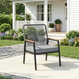 Clevich Rattan Garden Chair, Outdoor Armchair with 8cm Thick Cushion, Metal Frame and WPC Armrests, for Terrace, Garden and Porch