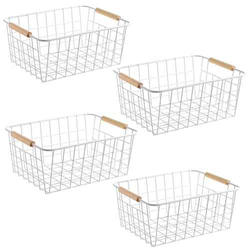 LeleCAT Wire Baskets with Handles Wire Storage Organizer Baskets For Kitchen, Household Refrigerator for Cabinets, Pantry, Closets, Bedrooms - Set of 4(White)