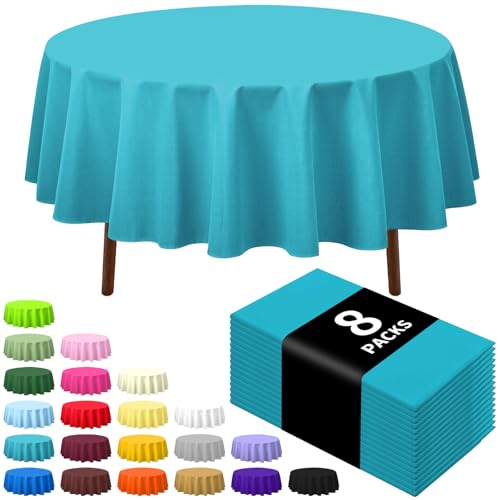 "CXPSINC 8 Pack Premium Disposable Plastic Tablecloth 84"" Round Table Cover for Birthdays Weddings Christmas Anniversary (Turquoise)"