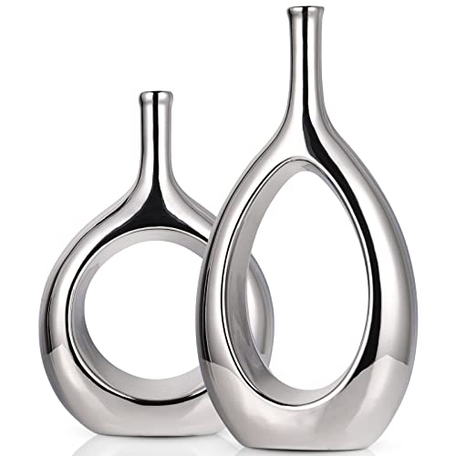 Glossy Silver Vase Ceramic Silver Vases Home Decor,Modern Minimalist Circle with Hole Decorative Vase, Hollow Ellipse Flower vases for Bookshelf, Fireplace Mantle, Centerpieces,Farmhouse,Rustic Décor