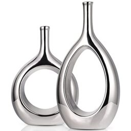 Glossy Silver Vase Ceramic Silver Vases Home Decor,Modern Minimalist Circle with Hole Decorative Vase, Hollow Ellipse Flower vases for Bookshelf, Fireplace Mantle, Centerpieces,Farmhouse,Rustic Décor