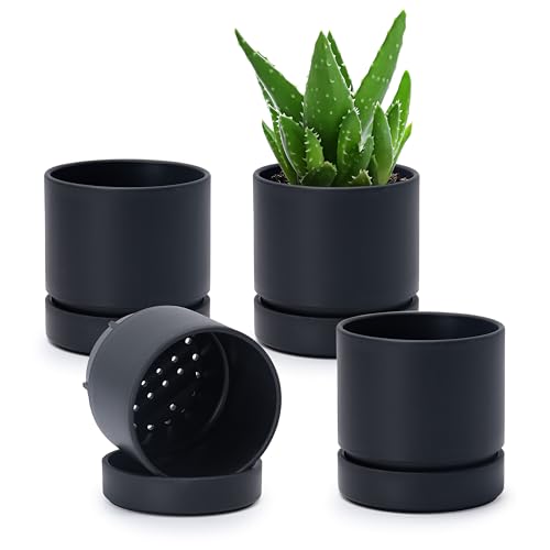 Phoenix Vine 4 Inch Planter Pot with Drainage Hole & Saucer, Deep Water Catch Tray, Straight Cylindrical Round Pot for Plants, Matte Black, Pack of 4, 23-C-R-4