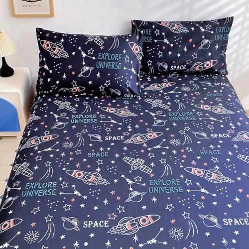 Homilay Kids Queen Sheet Sets - 4 Piece Space Rocket Bedding for Boys, Girls & Teens - Soft, Breathable Microfiber, Deep Pockets, Wrinkle-Free, Cozy Toddler Bed Sheets