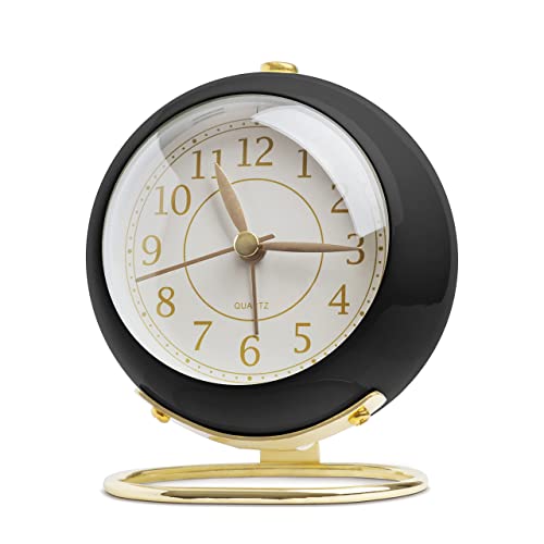 SHISEDECO Small Tableclocks Classic Non-Ticking Tabletop Alarm Clock with Backlight, Battery Operated Astronaut Deskclock with HD Glass for Living Room Bedroom Bedside Indoor Decor (Black Gold)