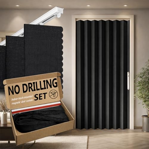"Jilron 100% Blackout Accordion Door Curtain, Adhesive Curtain Track Included for Easy Installation Without Drilling, Black - 72"" W x 78"" L"