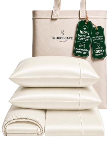 Cloud Scape Linen Engineered Dual-Ply Egyptian Cotton California King Sheet Set ??? Long-Staple Sateen Weave, 4-Piece Soft Hotel Quality Bedding Set,Deep Pockets Up to 17???, Ivory