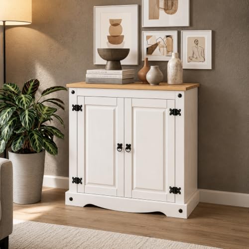 Corona Sideboard White 2 Door Cupboard Solid Mexican Pine 73cm x 75cm x 36cm