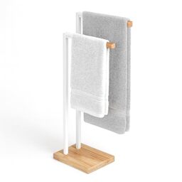 Relaxdays Freestanding Towel Stand with 2 Bars, Metal and Bamboo, White/Natural, 80.5 x 38.5 x 19.5 cm