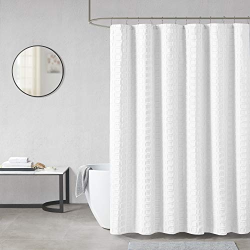 "Madison Park Metro Bathroom Shower, Textured Woven Clipped Design Modern Mid-Century Privacy Bath Fabric Curtains, 72""x72"", White (MP70-6707)"