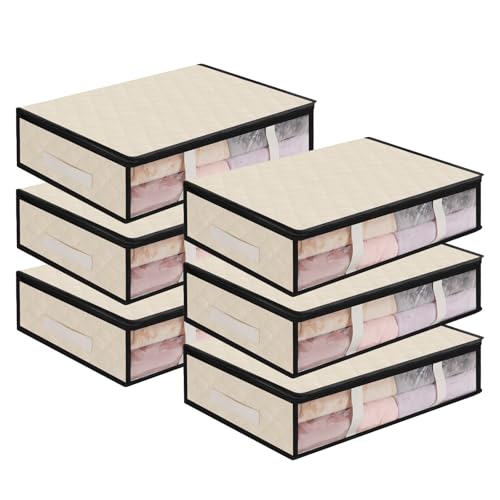 AiQInu Underbed Storage Boxes, 6 Pieces Under Bed Organizer with Observation Window and Handle, Space-Saving Foldable Wardrobe Organizer for Clothes Blankets Duvets