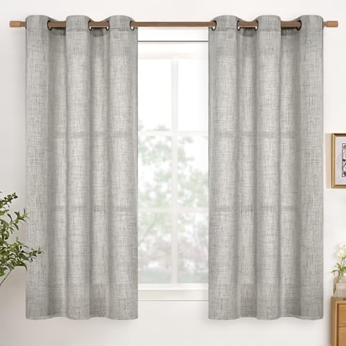 YoungsTex Dark Grey Linen Curtains 45 Inches Length, Textured Semi Sheer Drapes Light Filtering with Bronze Grommet for Bathroom Bedroom Living Room Window, 2 Panels, 42 X 45 Inch