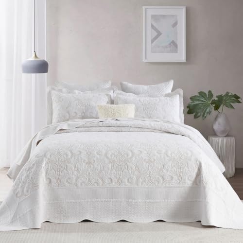 "FineStichery 100% Cotton Oversized Bedspread Quilt Coverlet Set, 128""x120"" Extra Large Cal King Bedspreads with Pillow Shams, Lightweight Embroidered Bedding Cover 3 Piece, White/Beige"