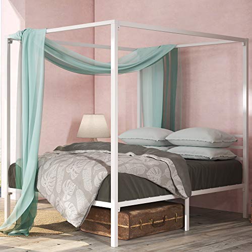 Zinus Patricia Super King Canopy Bed frame - Bed 180x200 cm - 35 cm Height with underbed storage - Metal Canopy bed with steel slat support - White