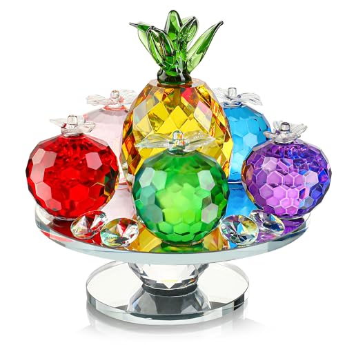 QFkris Crystal Faceted Apples and Pineapple Figurines Collectibles, Glass Fruit Paperweight Ornament with Base for Home Table Decor