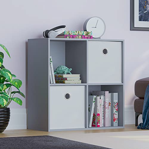 Vida Designs Durham Cube Bookcase Storage Organiser Living Room Bookshelf Home Office Furniture (4 Cube & 2 White Baskets, Grey)