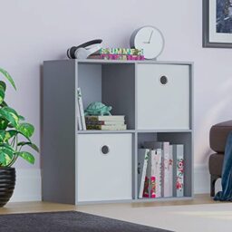 Vida Designs Durham Cube Bookcase Storage Organiser Living Room Bookshelf Home Office Furniture (4 Cube & 2 White Baskets, Grey)