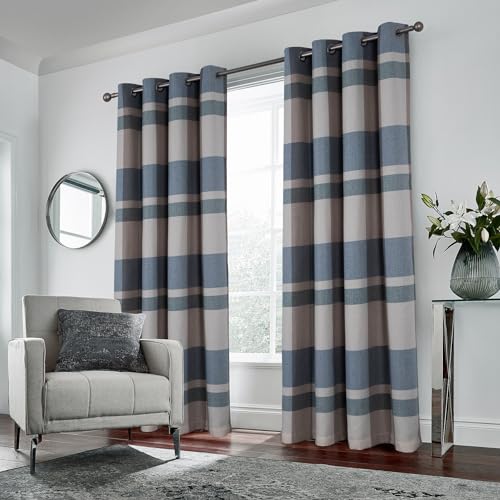 always4u Light Blue Plaid Curtains Farmhouse Window Curtains Highland Woolen Look Grommet Drapes for Living Room Bedroom 2 Panels 54 * 63 Inches